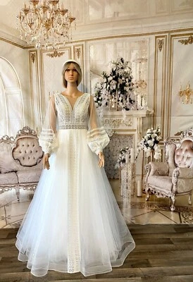 Boho Talla 6 Línea A Boda Marfil Tul Mangas Largas Vestidos de Novia Sin Tren Vestido Foto 1 de 4