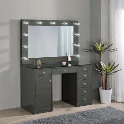 GRIS BRILLANTE ILUMINADO TOCADOR TOCADOR MAQUILLAJE VIDRIO MESA MUEBLES DORMITORIO Foto 1 de 4
