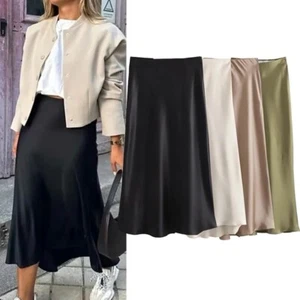 Damen Rock Satin Lang Elegant Büro Frauen 4 Verschiedene Farben - Bild 1 von 11