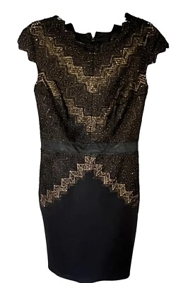 Vestido Tadashi Shoji 4 Encaje Superpuesto Lentejuelas Manga Gorra Cuero Cintura Tostado/Negro Foto 1 de 4