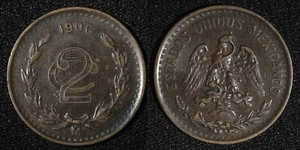 MEXICO Bronze 1906 2 Centavos Narrow date XF KM# 419 (27 415) - Picture 1 of 3