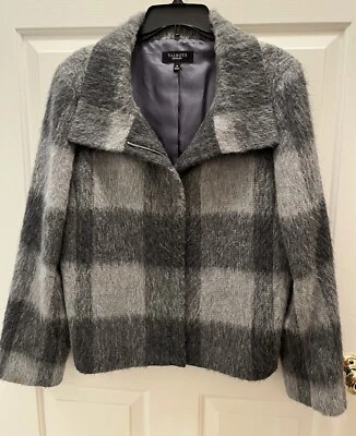 Talbots Gray Checkered Plaid Wool Alpaca Zip Up Jacket Size 16 - Image 1 of 4