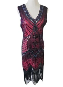 20er Jahre Stil einzigartig Vintage rot & schwarz Perlen Nadine Fransen Flapper Kleid Neu mit Etikett - Bild 1 von 6