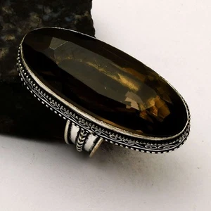 Anello design antico etnico pietra preziosa quarzo fumè gioielli misura USA-8,5 AR 60075 - Foto 1 di 1