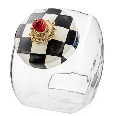  Tarro de galletas con tapa esmaltada, golosina de vidrio grande blanco y negro a cuadros cortesanos Foto 1 de 4