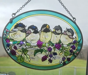Amia Birds & Berries Sun Catcher Faux Stained Glass Window Hanging Art Oval.  - Picture 1 of 9