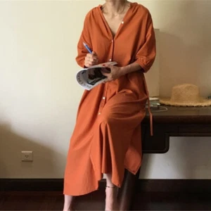 Femme Robe Chemise Boutonnière Manches Longues Col V en Vrac Maxi Split Casual - Picture 1 of 13