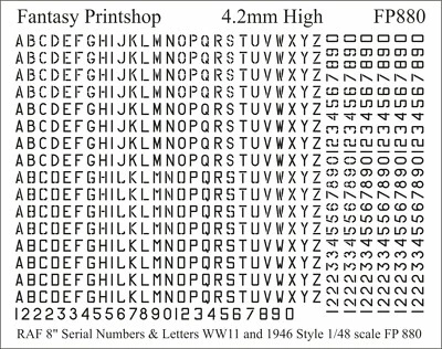 FANTASY PRINTSHOP RAF Seriennummern und Buchstaben 8" Aufkleber Transfers 1946 - FP880 SCHWARZ Maßstab 1/48