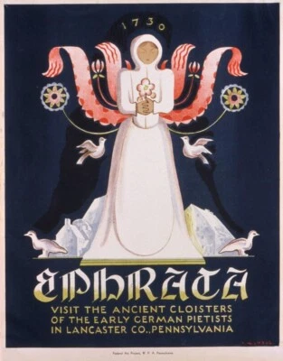 Impresión artística de los primeros pietistas alemanes Katherine Milhous 1936 WPA póster popular estadounidense Foto 1 de 2