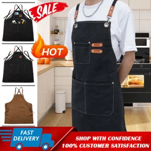 Men Women Thick Canvas Denim Bib Apron Kitchen Cooking Workshop Heavy Work Apron - Picture 1 of 14
