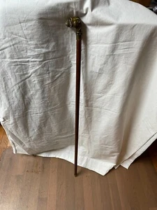 Antique Bronze Dog Head Handle Wooden Cane Walking Stick - Picture 1 of 9