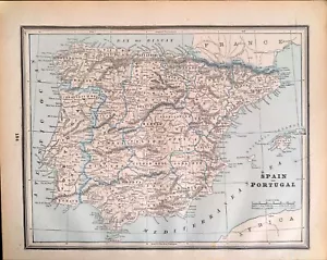 Atlas Map Spain Portugal 1893 Vintage Original Antique 12 - Picture 1 of 2