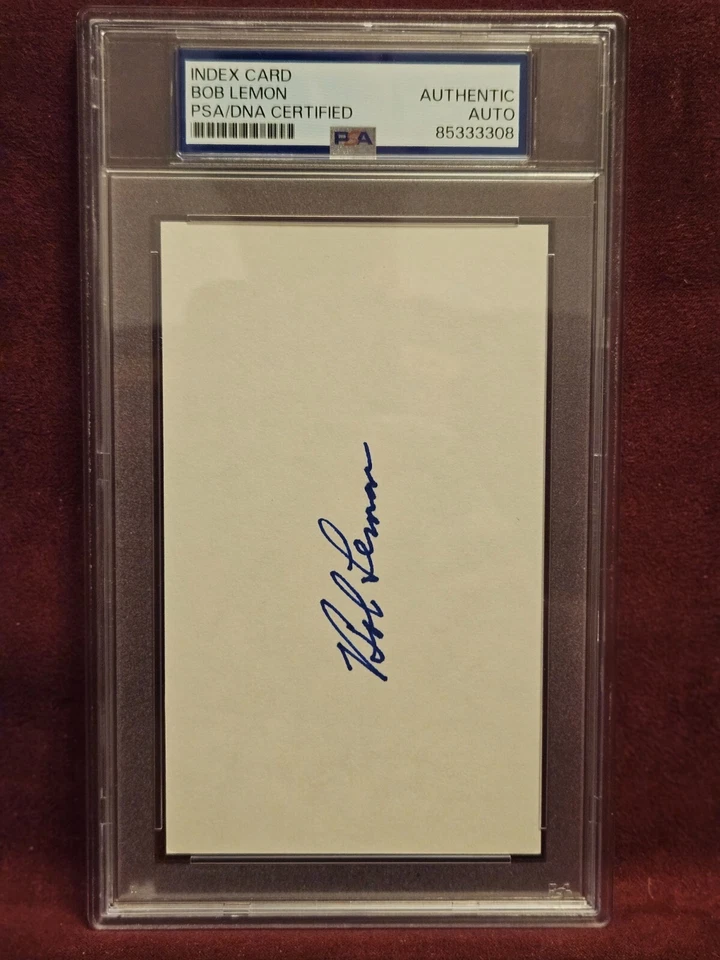 BOB LEMON 7X AS 2X WS 3X AL WINS 1X AL K LEADER HOF 1976 SIGNED INDEX CARD PSA - Image 1 of 1