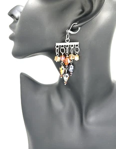 Deluxe Champagne Brown Aurora Borealis Glass Beaded Chandelier Dangle Earrings - Picture 1 of 7