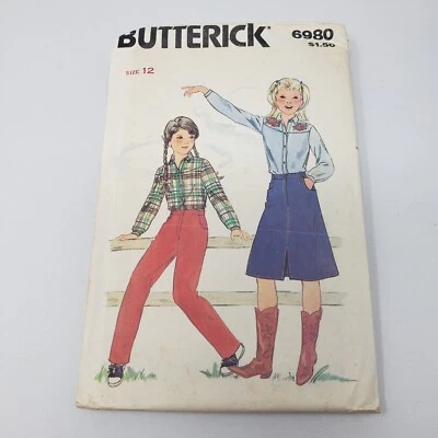 Butterick Sewing Pattern 6980 Button Yolk Blouse Top Shirt Skirt Pants Girls 12 - Image 1 of 4