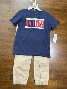 NWT Nautica Boys 4T Outfit Navy Logo TShirt Khaki Pants - Size 4T/4 - Picture 1 of 2
