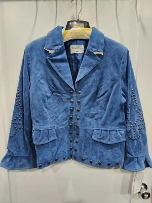 Chaqueta de gamuza de cuero azul Pamela McCoy con tachuelas y puños con volantes - talla 1X - nueva con etiquetas Foto 1 de 4