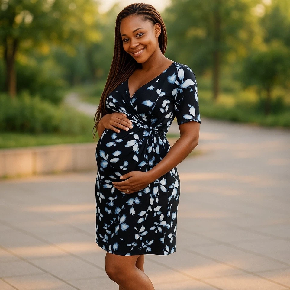 Motherhood Womens Dress Size Small Blue White Wrap Ruched Maternity Floral - Image 1 of 4