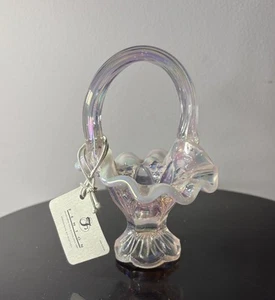 Fenton Pink Opalescent Glass Mini Basket Decorative Sticker Tag 4.25” Tall - Picture 1 of 13