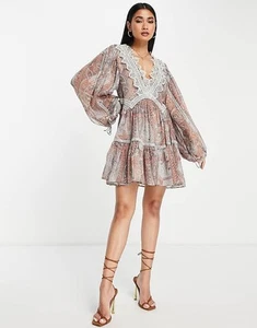 ASOS DESIGN lace mini dress with tiered skirt paisley print Sz 6 boho Style - Picture 1 of 19
