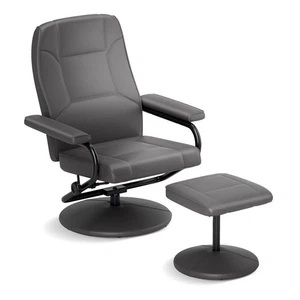 PU Leather Lounge Accent Armchair 360° Swivel Recliner Chair w/ Ottoman Grey - Picture 1 of 8