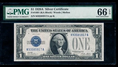 AC 1928A $1 Silver Certificate PMG 66 EPQ K-A block  Fr 1601 - Image 1 of 2
