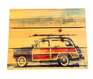 Vtg.Woody Wagon Art--14x11- "Surf Day"--Parvez Taj--Natural Pine Wood-Surf/Beach - Picture 1 of 10