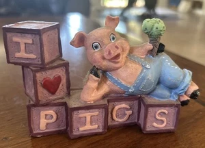 Keramik I Love Schweine Figur hält Eis auf Blöcken liegend Vintage schön! - Bild 1 von 2