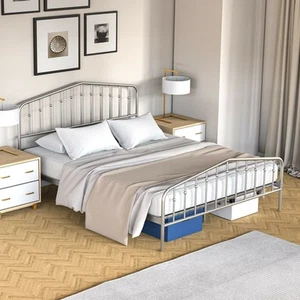 Queen Size Metal Bed Frame Platform Headboard & Footboard W/Storage Sliver - Picture 1 of 9