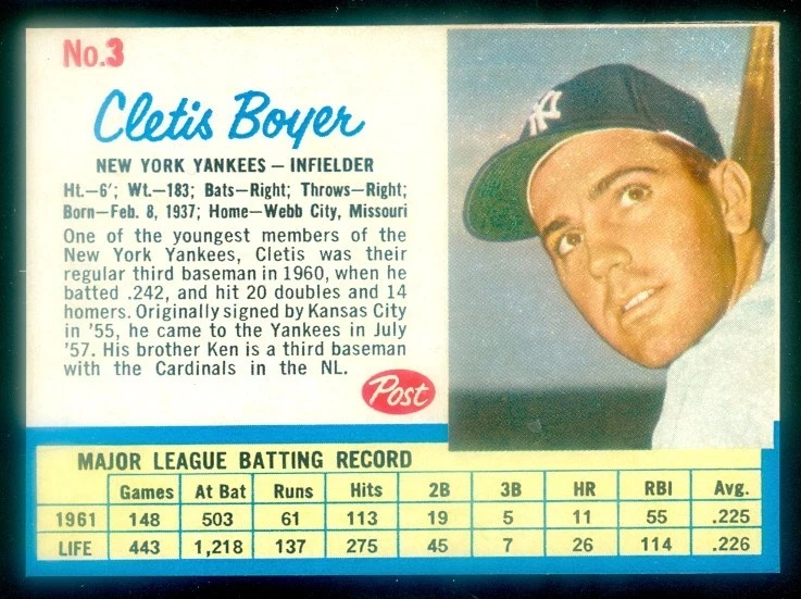 CLETIS BOYER 1962 POST #3 EXCELENTE Foto 1 de 1