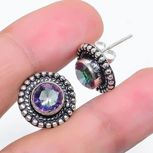 Mystic Topaz Gemstone Handmade Design 925 Sterling Silver Jewelry Stud Earring - Picture 1 of 1