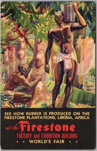 Vintage 1934 CHICAGO FERIA MUNDIAL Adv. Postal "PLANTACIÓN DE CAUCHO DE PIEDRA DE FUEGO" - Imagen 1 de 2