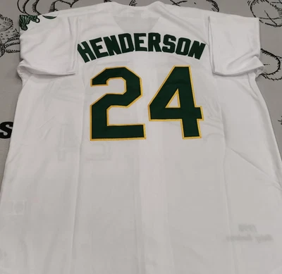 Camiseta deportiva cosida blanca retro vintage talla XL Rickey Henderson #24 Athletics. Foto 1 de 4