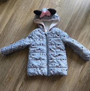 Disney Minnie Mouse Gray Pink Puffer Jacket Sherpa Fleece Lined Girls Size 6 - Picture 1 of 5