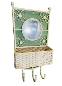 Estante de pared de mimbre blanco de colección con cesta de espejo diseño de margarita Palm Beach MCM - Imagen 1 de 12