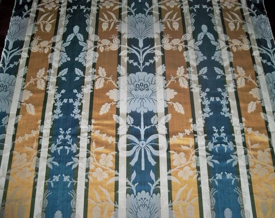 CLARENCE HOUSE LOTUS STRIPES SILK ANJOU DAMASK FABRIC 10 YARDS BLUE GOLD MULTI - Image 1 of 4