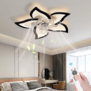 Low Profile Ceiling Fans with Lights,27.2” Black Modern Dimmable Flower Shape Ce - Picture 1 of 8