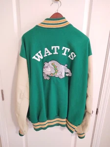Vintage Letterman's Green And Yellow White Leather Sleeves Watts Bulldog L G USA - Picture 1 of 5