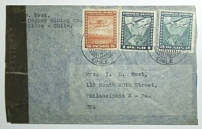 1944 Santiago Chile Segunda Guerra Mundial Capa Correio Aéreo Censurada para Aviões Filadélfia PA  - Imagem 1 de 2
