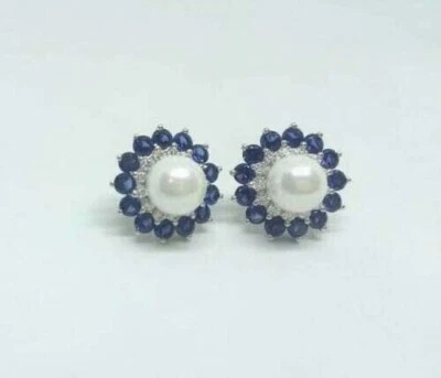 3Ct Round Cut Lab-Created Pearl Halo Stud Earring Women's 14K White Gold Plated - Image 1 of 4