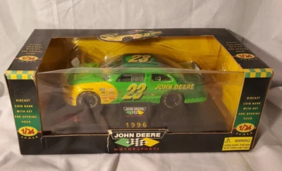 1996 NASCAR Chad Little #23 John Deere Car Diecast Coin Bank Racing Car w/Key - Image 1 of 4