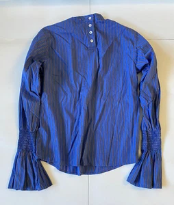 Maggie Marilyn Ruffled Smocked Trumpet Sleeve Striped Poplin Blouse Blue Sz 2/S - Picture 1 of 9