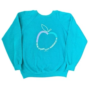Vintage 80s New York City Marathon Sweatshirt Large 22X25 Green Hanes Pull Over - Picture 1 of 8