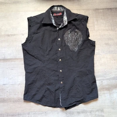 House Of Lords Vest Mens M Black Y2K Grunge Embroidered Studded Goth Button Up - Image 1 of 4