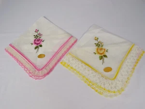 NEW 2 True Vintage Embroidered Floral Handkerchiefs Lace Edges Pinks Yellows D25 - Picture 1 of 6