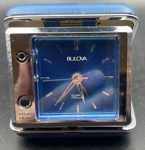VINTAGE BULOVA ALARM TRAVEL CLOCK TEAL BLUE QUARTZ LIGHTED Cover