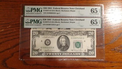 TWO CONSECUTIVE 1981 PMG GEM 65 EPQ TWENTY DOLLAR CLEVELAND NOTES TWO $20 BILLS! - Image 1 of 4