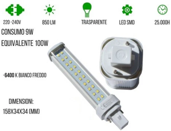 Lampada LED 3528 attacco g24 luce bianca bianco freddo lampadina 220V G 24 9W - Immagine 1 di 1