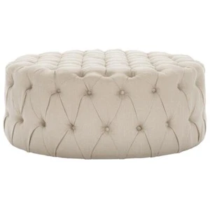 SAFAVIEH Ottoman Cotton Modern Accent Tufted Upholstery Round Charlene Beige - Picture 1 of 7
