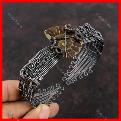 Brazalete étnico de aniversario envuelto en alambre de boda cobre piedra fósil pera amonita Foto 1 de 4